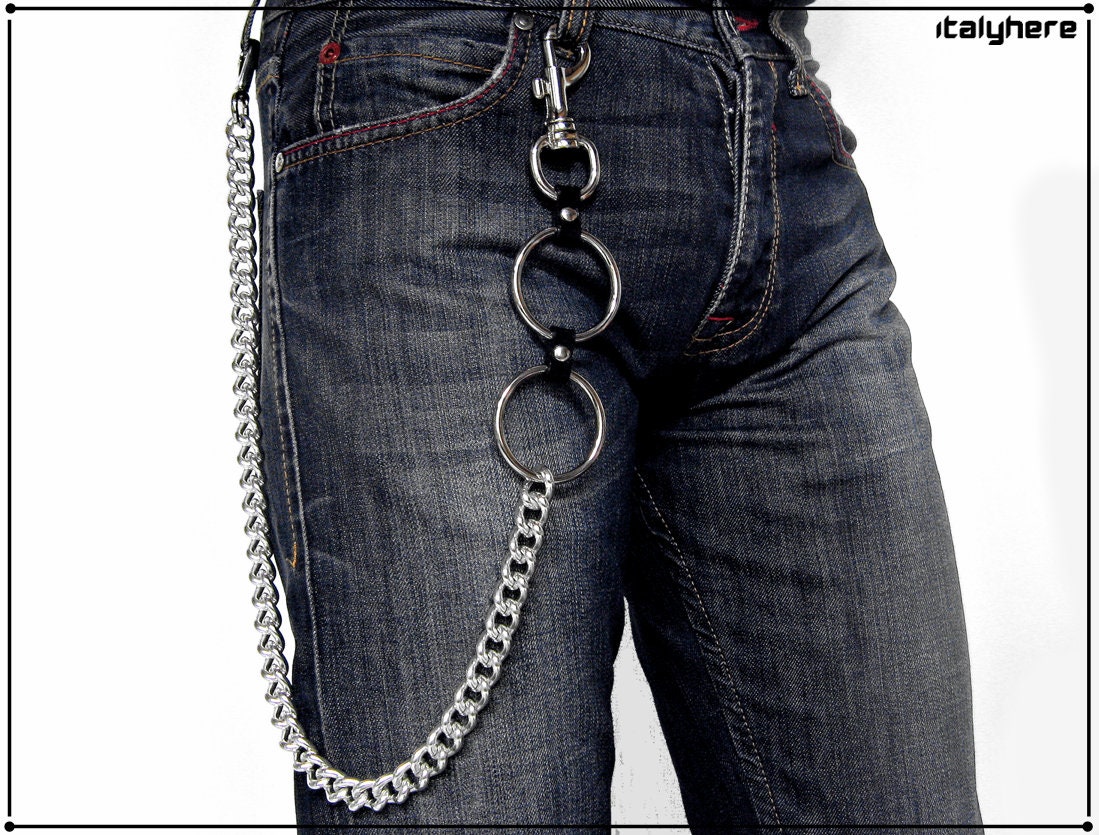 Chain for Trousers and Jeans, Double Ring With Leather, Thick Chain, Silver  Color 75 Cm. Key Chain, Gift Chain 