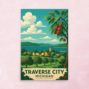 Traverse City Michigan Art Print – Vintage Cherry Orchard Poster, Great Lakes Wall Art, Colorful Midwest Travel Print, Michigan Decor