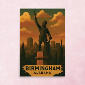 Vintage Birmingham Alabama Poster - Vulkanische Statue Wandkunst, Retro-Reise-Kunstwerk, Birmingham Skyline-Dekor