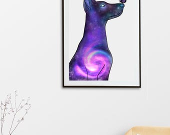 Impresión de arte digital de Doberman galáctico: decoración de pared conmemorativa de mascota celestial, descarga instantánea, ilustración de perro místico con mariposa.