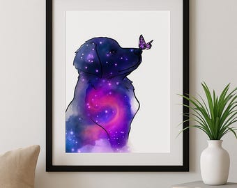 Impresión artística digital de perro galáctico: decoración de pared conmemorativa celestial para mascotas, descarga instantánea, ilustración mística de perro con mariposas