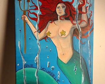 Save Yourself mermaid painting,  wall art, feminine energy,  painting, wall decor