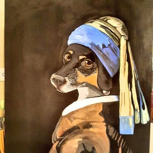 Dog with the pearl earring, customers photo. Customized to whatever you want!