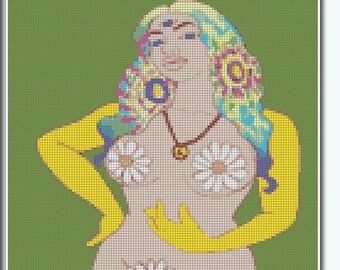 The Hippy Chick Counted Cross Stitch Pattern. INSTANT DOWNLOAD