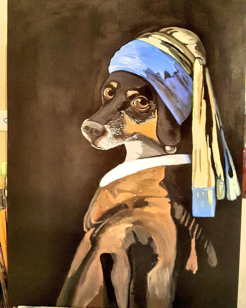 Dog with the pearl earring, customers photo. Customized to whatever you want!
