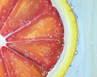 Grapefruit painting, fruit art, wall decor, bright art, kitchen art