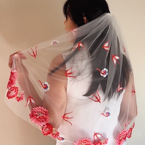 white garden wild flower veil, red pink rose flower wedding veil, Ceremony veil, Boho bird bridal veil, Embroidered floral Unique tulle veil