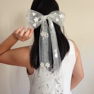 Botanical bow 3d flower bow, Veil alternative, Unique veil, Embroidered flower veil, Bachelorette party hair, Bridal shower hair bow image 1