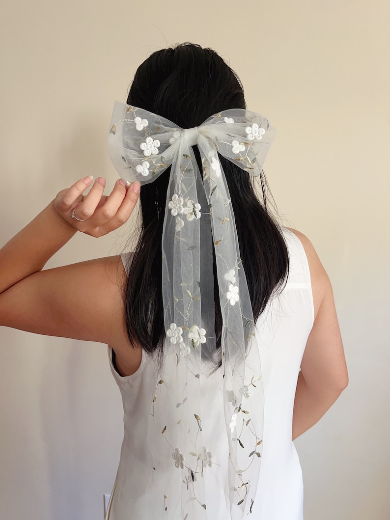 Botanical bow 3d flower bow, Veil alternative, Unique veil, Embroidered flower veil, Bachelorette party hair, Bridal shower hair bow image 1