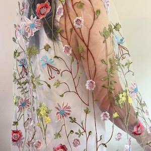 Wildflower white veil, Longer style,Embroidered 3d color flower veil, Floral blooms wedding veil, Bridal veil lace veil,Unique vines wedding