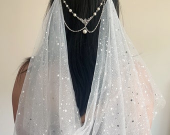 Bridal lace hair wedding headpiece vintage White floral wedding hair piece Beaded lace pearl clip chain pearl shinning wedding veil