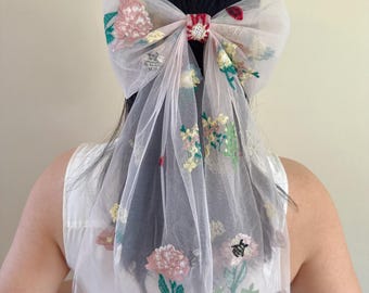Embroidered Wildflower Bridal Hair Bow, Veil Alternative