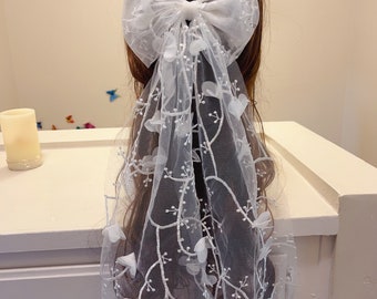 white 3D flower bow Veil alternative, Unique veil Embroidered flower veil, Bachelorette party hair, Bridal shower hair, Elopement hair bow