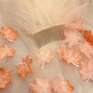garden golden autumn veil Elbow length finger veil, Embroidered pearls leaf veil, leaves wedding veil Unique champagne bridal veil