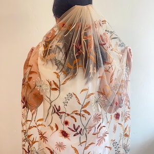 garden golden autumn veil Elbow length Embroidered flower veil, Rust terra-cotta,  Floral wedding veil Unique champagne bridal veil