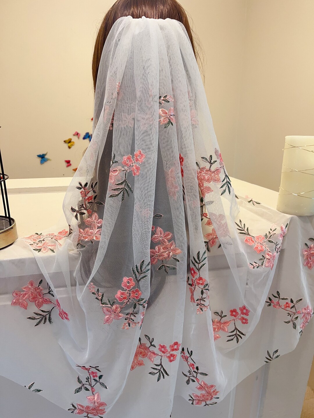 Wildflower Veil Pink Flower Boho Veil Embroidered Color Flower Veil ...