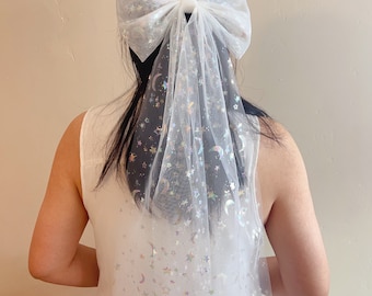 Starry Tulle Bridal Bow Veil - Wedding Hair Clip