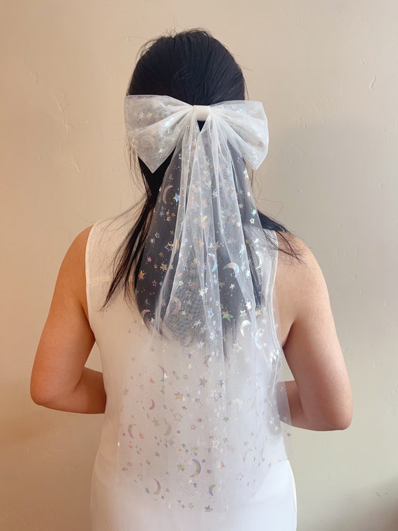 Bridal Bow Veil White Shinning Star Wedding Veil Tulle Sparkly