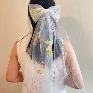 Embroidered Flower Hair Bow Veil: Bridal Shower Bachelorette Party