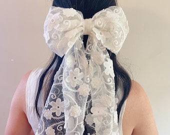 Embroidered Flower Bridal Hair Bow, Wedding Veil Alternative