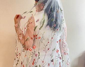 Embroidered Wildflower Wedding Veil, 3D Floral, Botanical Tulle