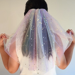 Rainbow Star Wedding Veil, Pastel Glitter Tulle, Fingertip Length