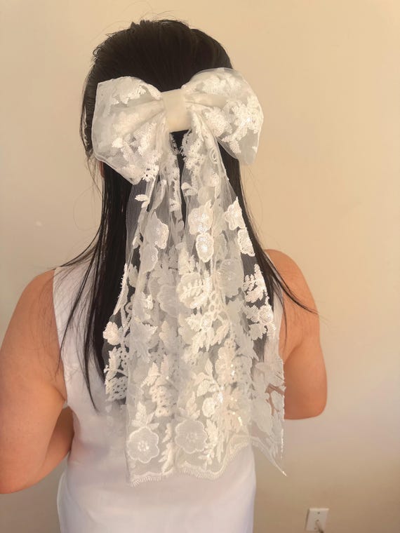 Embroidered Flower Bridal Hair Bow, Veil Alternative