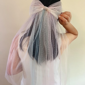 Rainbow Glitter Bridal Bow Veil: Pink Blue Tulle, 25&quot; Wedding Hair Accessory