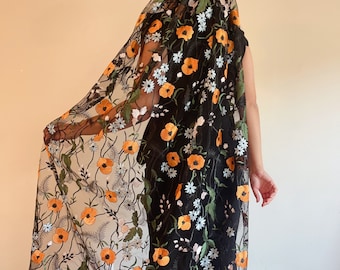 Embroidered Floral Bridal Veil: Black Tulle, Orange Flowers, Gothic Wedding