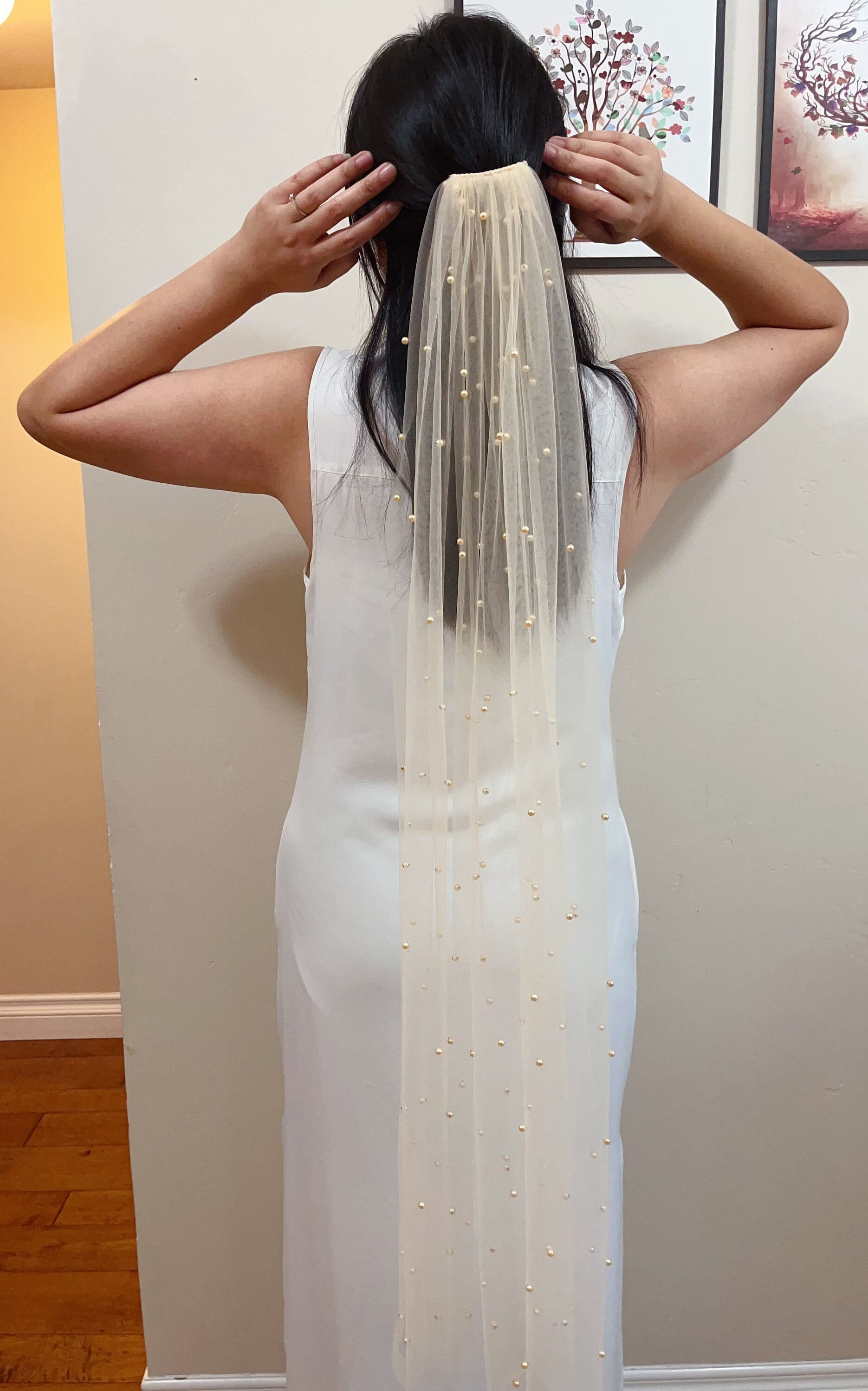 Pearl Veil, light Champagne Color, light Champagne Color Fabric, champagne Pearls Veil - Scattered Pearls, Gold Color Bridal Comb
