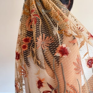Shorty golden autumn veil, Elbow length, Embroidered flower veil, Rust terra-cotta, Floral wedding veil, Unique veil, Fall bridal veil