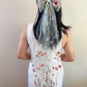 Embroidered Wildflower Bridal Hair Bow, Unique Veil Alternative