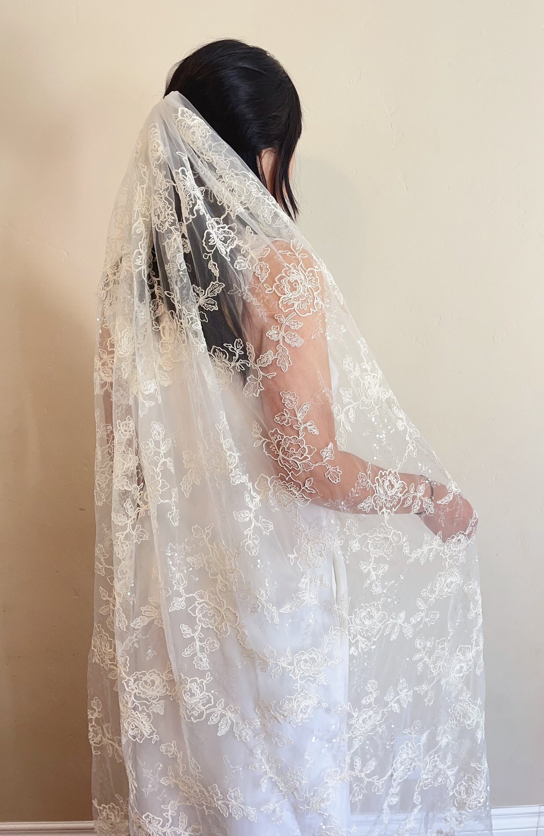 Shining ivory bridal veil rose flower confetti veil Elopement veil Bachelorette party veil sequins veil sparkly shimmer lace wedding veil