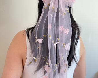 Embroidered Flower Bridal Hair Bow Veil - Blush Pink Wildflower, Bachelorette Party