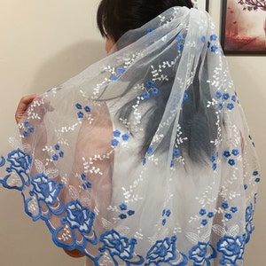 white blue embroidered flower veil, bridal shower veil，Embroidered rose flower veil vintage Bridal veil, Unique wedding veil colorful veil