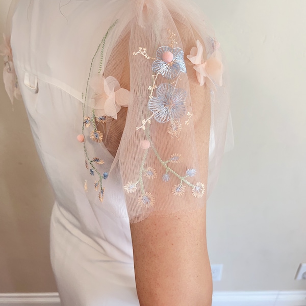 pink sakura bridal sleeves Detachable sleeves Flutter sleeves, Boho bride, Embroidered floral accessory, Bridal pearl wedding dress sleeves