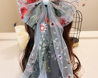 Wildflower bow, Veil alternative, Unique veil, Embroidered flower veil, Bachelorette party hair, Bridal shower hair bow, Elopement hair bow