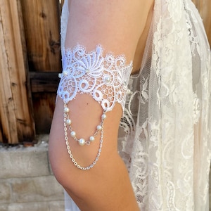 1piece bridal arm band ,lace wedding embroidered white pink floral lace arm cuff cover scar tattoo cover with pearl unique chain bracelet