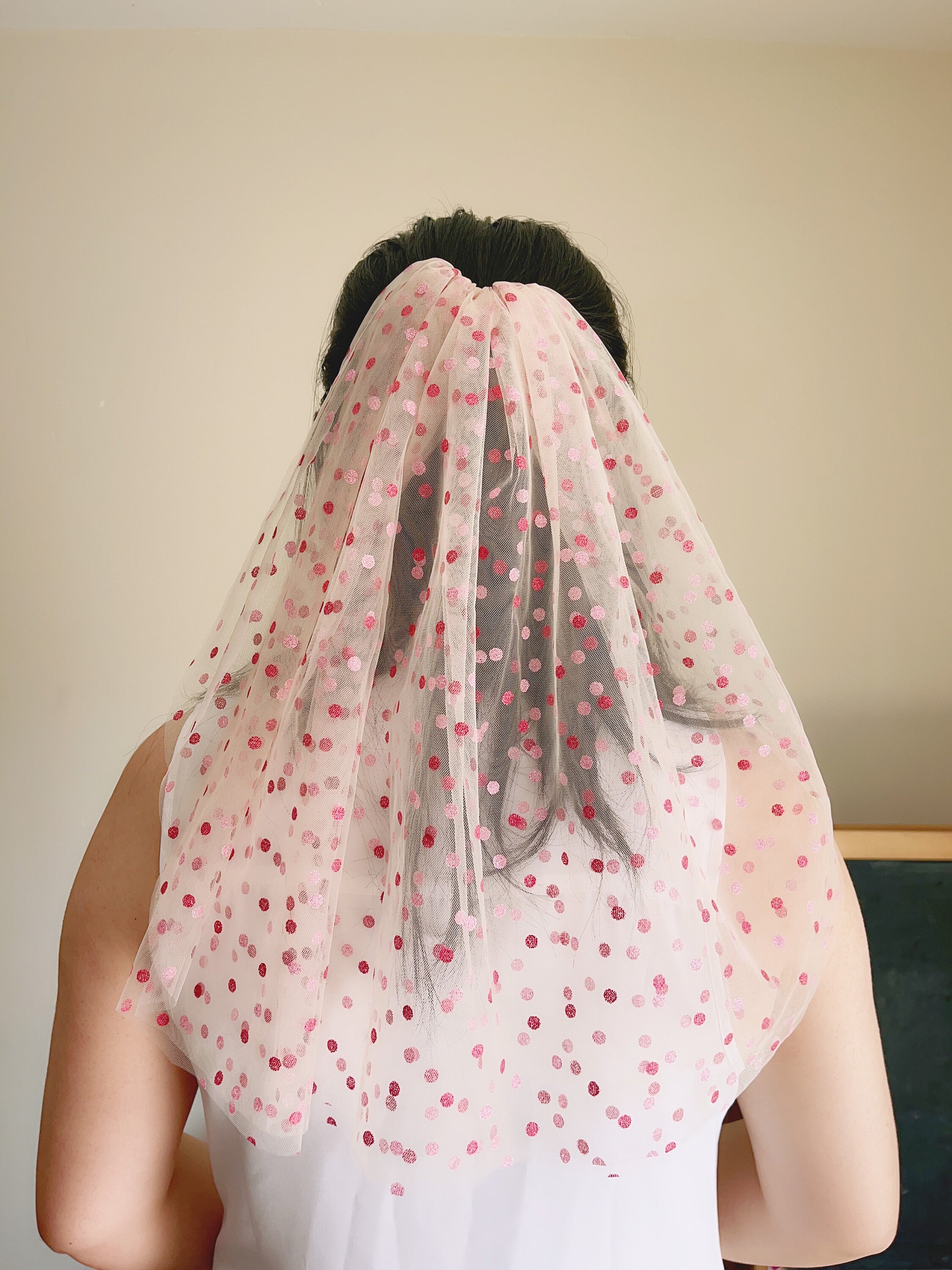 Shining Pink Beige Confetti Veil Pink Dots Elopement Short Veil