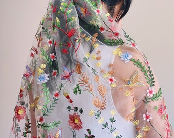 Embroidered Wildflower Tulle Wedding Veil, Floral Bridal Veil
