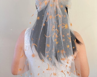 Star moon Tulle Bridal Bow Veil - Wedding Hair Clip