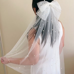 Bridal Bow Veil Pearl Veil Wedding Veil Tulle Pearl Bride Hair Bow Bride Veil Bow Bridal Hair Accessory Wedding Hair Accessories for Bride