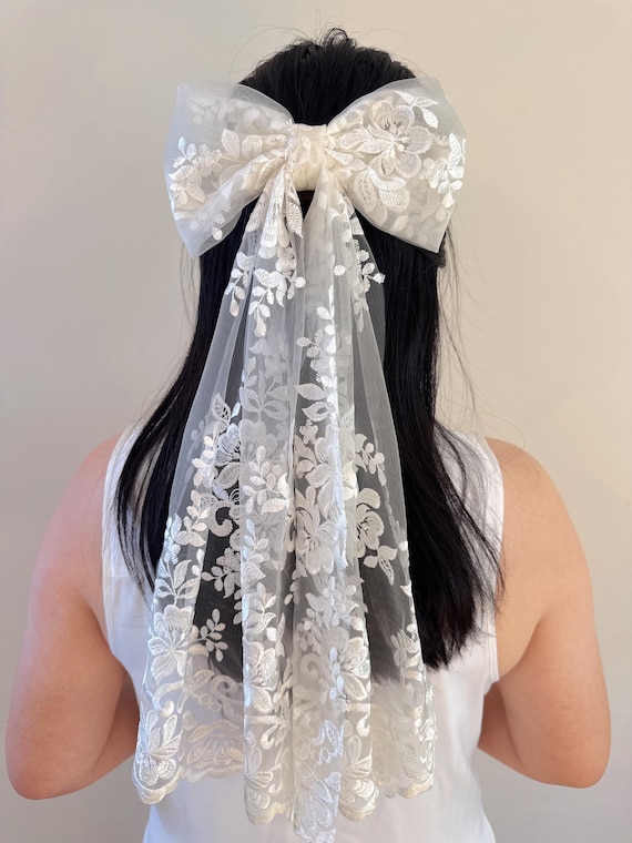 Embroidered Flower Bridal Hair Bow, Veil Alternative