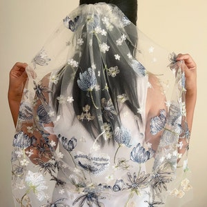 Blue Bell Blossom Embroidered Bridal Veil: Gold Floral Tulle, Unique Wedding Veil