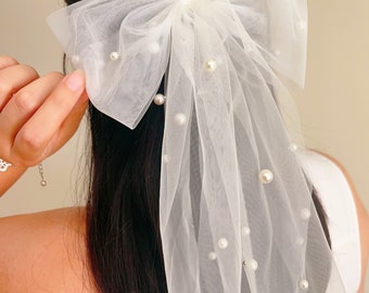 Pearl Bridal Bow Veil, Tulle Wedding Hair Accessory