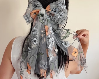 Embroidered Flower Hair Bow, Unique Bridal Veil Alternative
