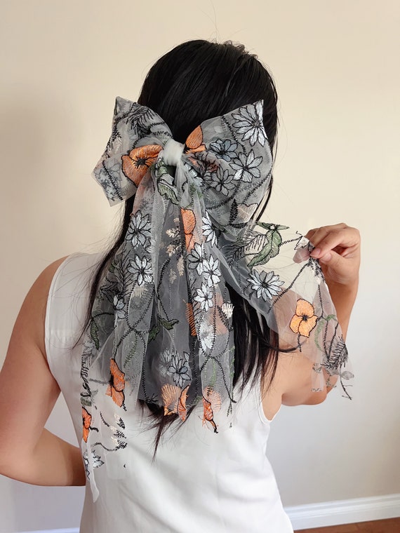 Floral Embroidered Sheer Hair Bow Embroidered Wildflower Bridal Hair Bow – Veil Alternative  main image 3