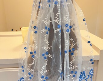white blue embroidered flower veil, bridal shower veil，Embroidered rose flower veil vintage Bridal veil, Unique wedding veil colorful veil