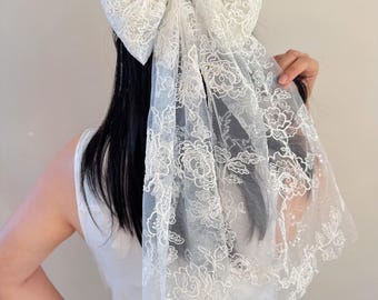 Embroidered Flower Bridal Hair Bow, Ivory Rose Veil Alternative