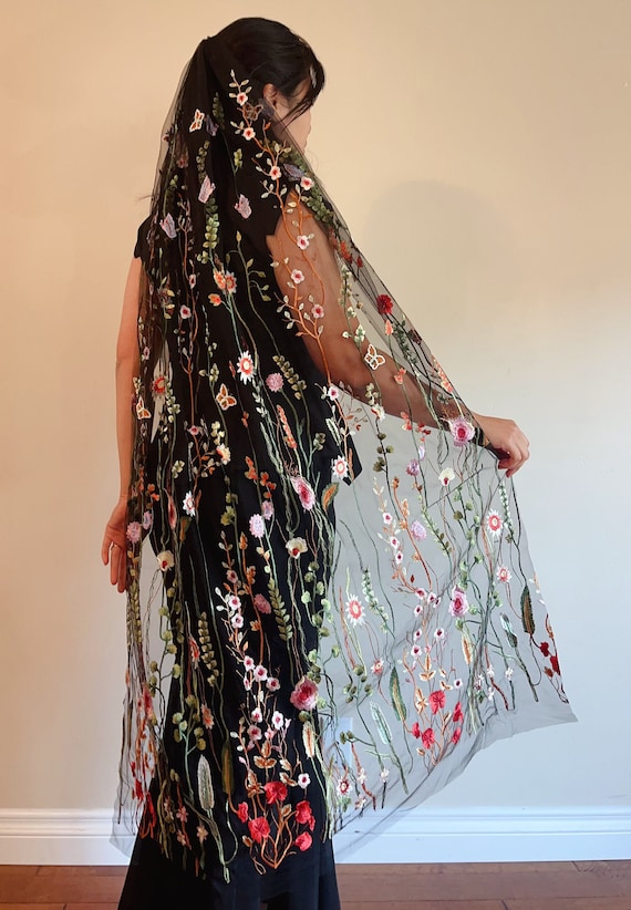Black Floral Embroidered Wedding Veil with Wildflower Design, Bridal Veil, Flora Wildflower Embroidered Veil - Adinas Bridal main image 2